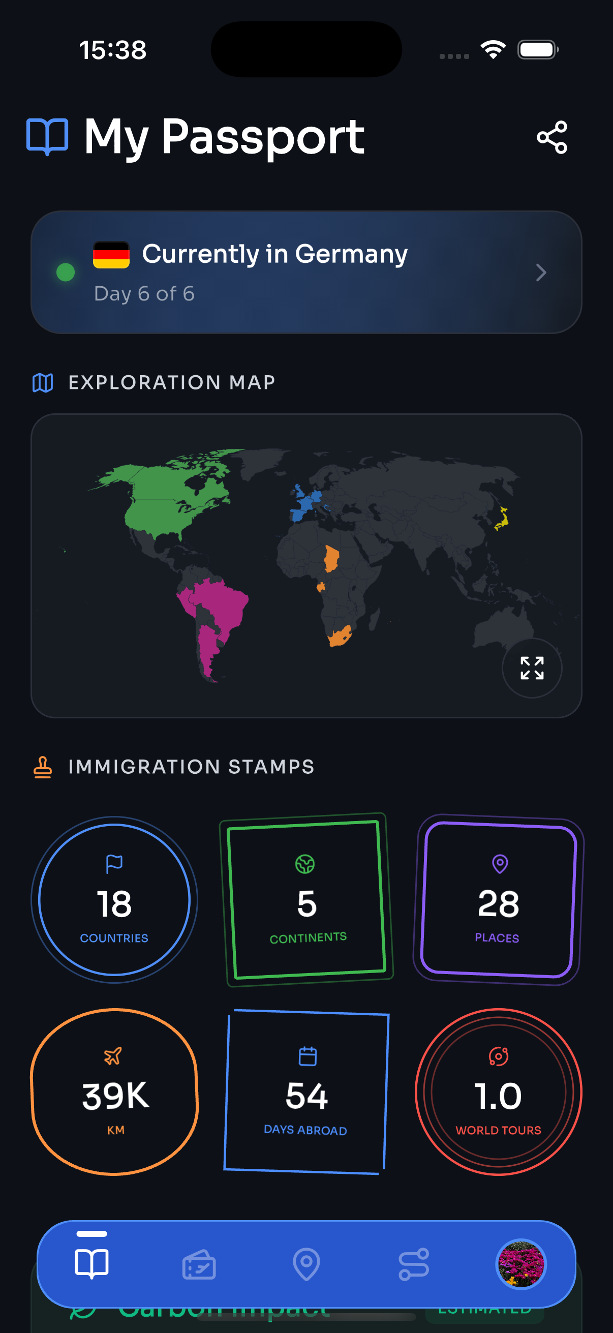 Wanderinga on iPhone — passport and world map view