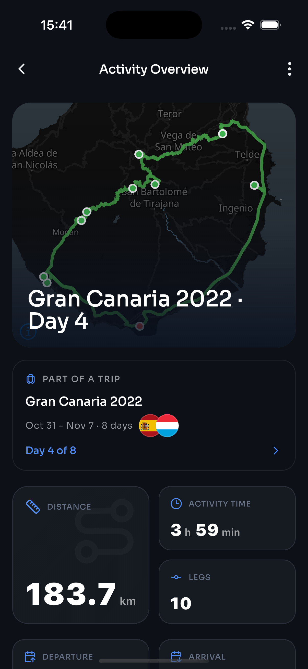 Wanderinga activity overview — GPX route with distance and duration stats