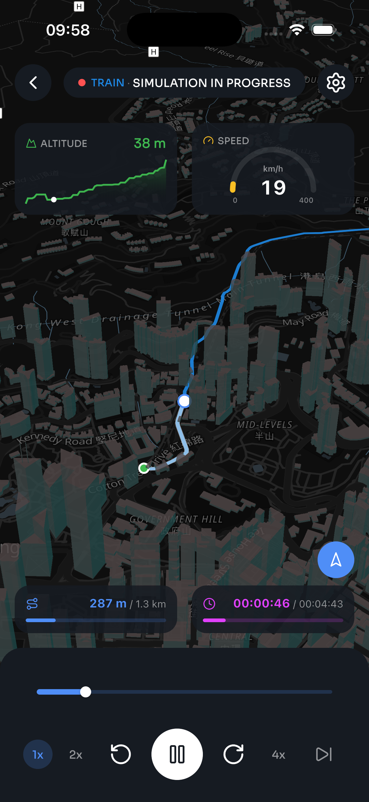 Wanderinga GPX simulator — live route playback with speed and altitude